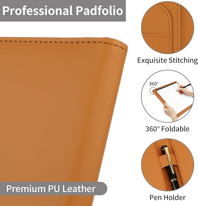 Professional Padfolio Portfolio Binder, Faux Leather Interview Resume Folder, Letter Size A4 Legal Writing Pad Holder, Document Organizer for Business School Office Conference (Brown)