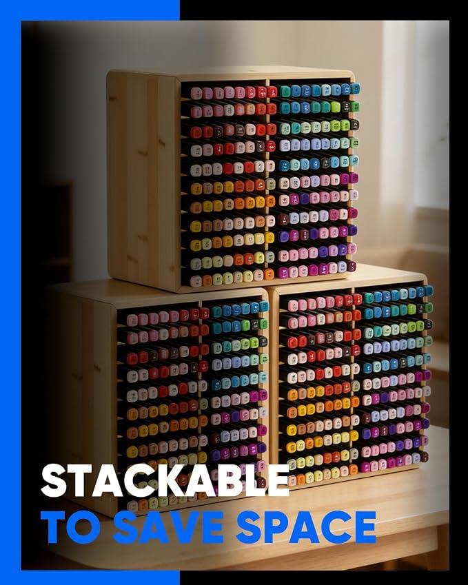 UCEC Bamboo Marker Organizer for 176 Markers, 11-Tier Desktop Marker Storage Rack with 22 Wide Compartments, Stackable Alcohol Pen Holder for Artists, Classroom, Studio Decor