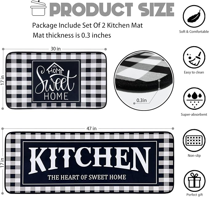 Voanos Kitchen Rugs,Non Skid Washable Microfiber mats for Kitchen Floor, Black and White Buffalo Plaid Kitchen Cushioned Runner Rug Decor Sets of 2,Size 17"x 47"+17"x 30"