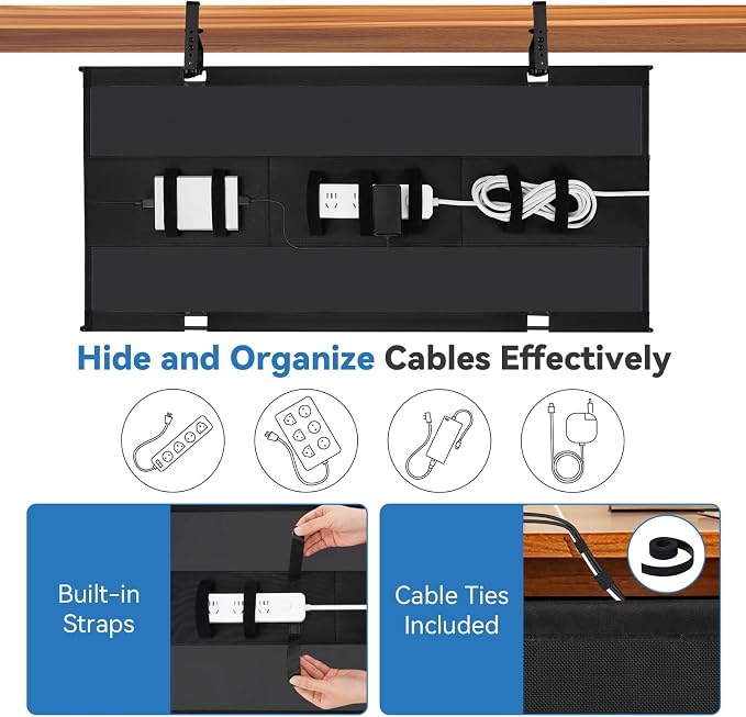 SHUWEI 36" Under Desk Cable Management Tray, Premium Fabric Cable Management for Desk, Clamp/Screw Mount Cable Tray for Office and Home (Off White, 36" L)