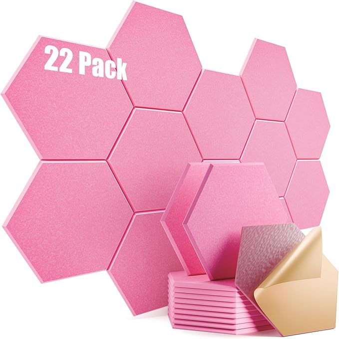 22 Pack Self-Adhesive Acoustic Panels 12" X 10" X 0.4" - Sound Proof Foam Panels for Wall, Hexagonal Design, Flame Resistant, Absorb Noise and Eliminate Echoes(Pink)