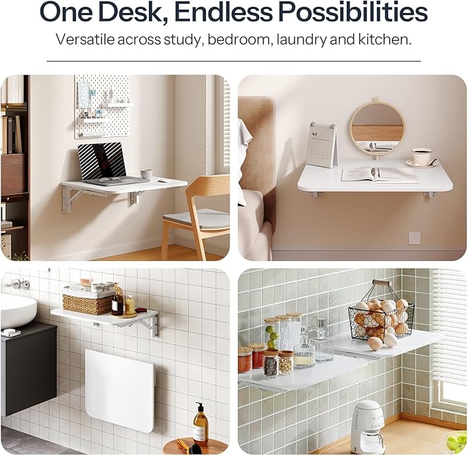 HOOBRO Folding Table, Wall Mounted Desk, Floating Wall Desk with Iron Bracket, Drop Leaf Table for Small Spaces, for Kitchen, Laundry Room, Home, Office, White WT054BZ01