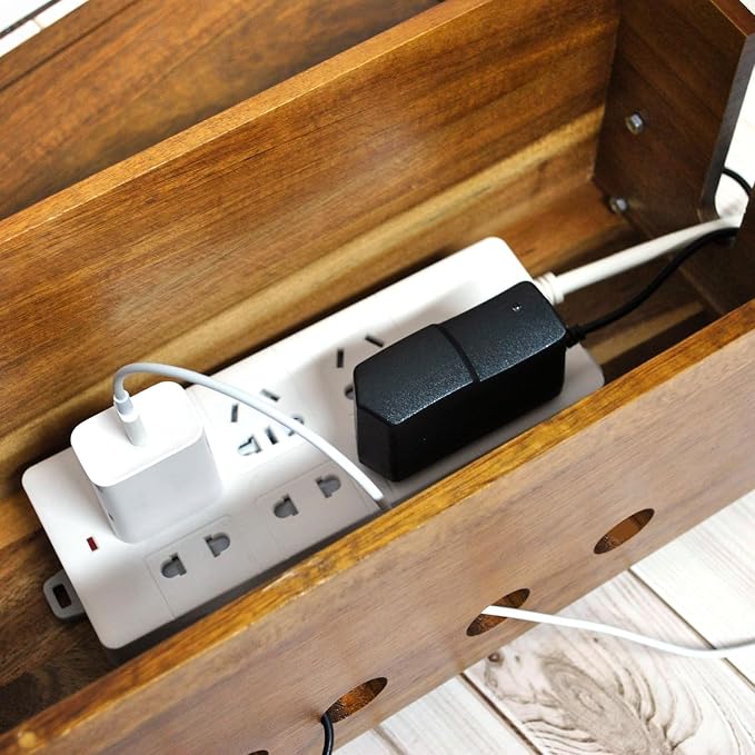 Large Wood Cable Management Box, Vintage Walnut Cord Organizer 14.1" | Hides power strips & TV wires, 14.1 x 6 x 6.3 inches,Ideal for home & office organization