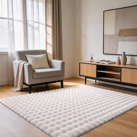 Creamy White Rabbit Plush Rug 3'x5', Fluffy Shaggy Area Rug for Nursery & Kids Room, Faux Fur Carpet for Girls Bedroom, Living Room, Teen Decor