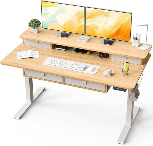 Kingant Electric Standing Desk with 4 Drawers,USB Charging Ports 63"x 30" | Ergonomic Height Adjustable Large Workstation, Heavy-Duty Sit Stand Up Desk For Home Office Daily Work,Nature