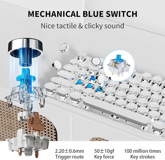 SEUNKWANG EWEADN TK950 Typewriter Keyboard Wireless Mechanical Keyboard, 104 Keys Aesthetic Typewriter Keyboards with White Backlit, Anti-Ghosting, Blue Switch Bluetooth/2.4GHz/Wired Keyboards-White