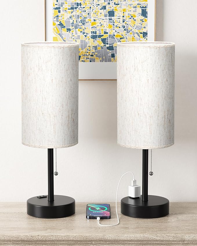 17.4" Large Bedside Table Lamps Set of 2 - 3 Color Temperatures Pull Chain Lamp with AC Outlet Charging Port, Round Night Stand Lamps for Bedroom Guest Room Office, Bed Side Light with E26 LED Bulbs