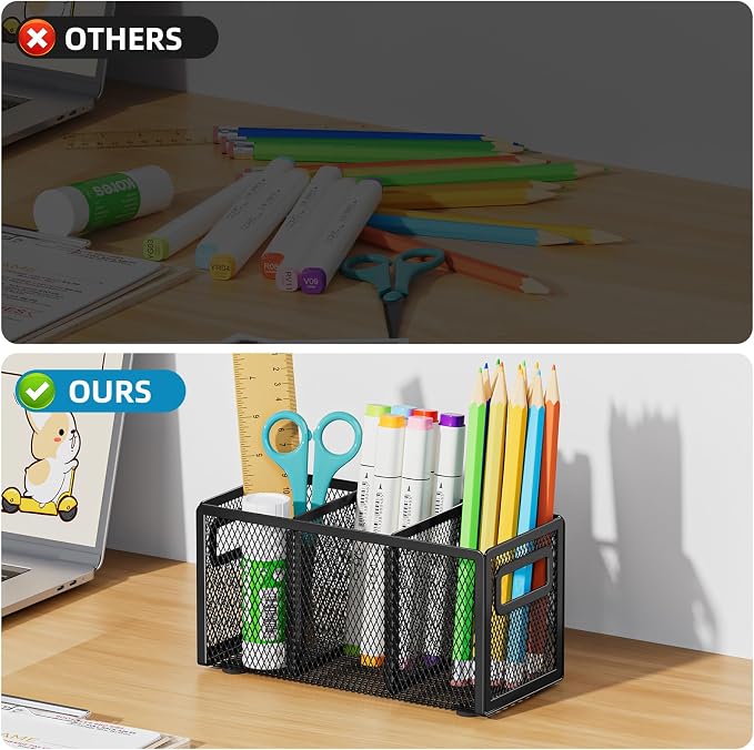 Marbrasse 2P Mesh Pen Holder for Desk,Pencil Holder Desk Organizer 3 Adjustable Compartments,Pencil Cup with Handle Perfect for Classroom, Office, Home,Makeup,Art (Black)