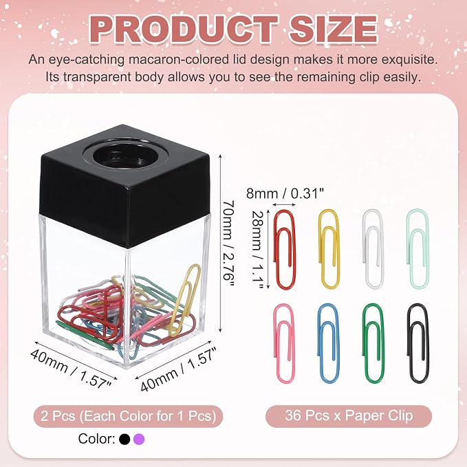 PATIKIL Magnetic Paper Clip Holder Dispenser, 2Pcs Large Capacity Paper Clip Organizers with Magnetic Top for Desk Supplies, Office, Classroom, Home, Green/Black(36Pcs, Multicolor Clip)