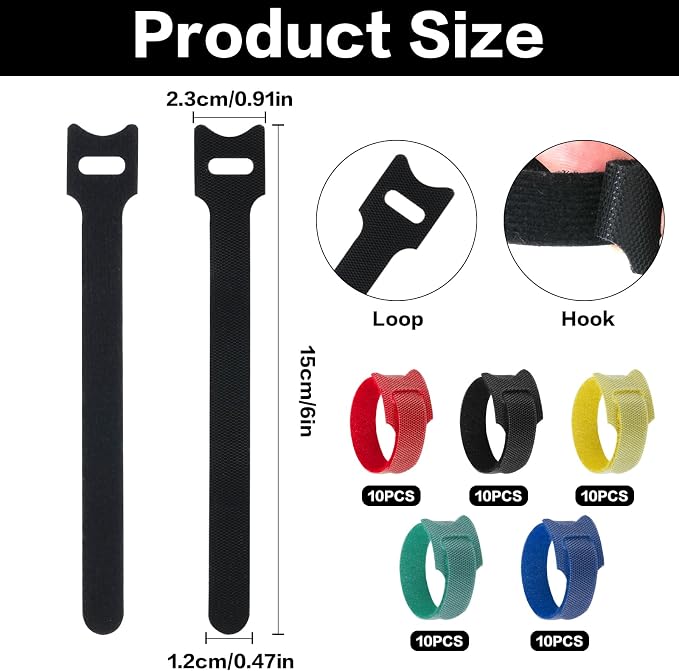50 Pcs Reusable Cable Ties for Cords, 6 Inches Hook and Loop Adjustable Cord Straps, Reusable Zip Ties, Wire Organizers for Cords Electrical Cord Management Office Home Computer PC Cable Management