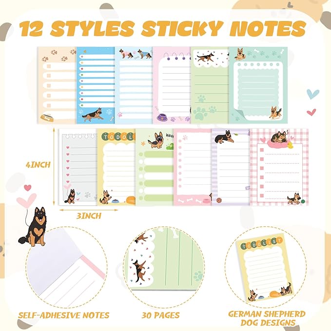 12 Pcs German Shepherd Sticky Notes 3x4 Inches Dog Notepad to Do List Kawaii Dog Lover Gifts for Women Office Supplies Sticky Notes Home Christmas Office Decor