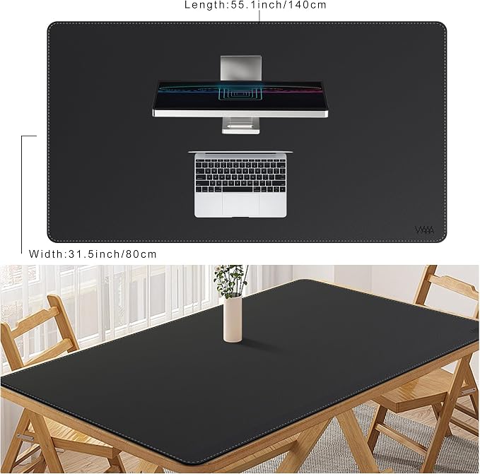 VYAAA Leather Office Desk Pad Protector, 55"×34" Extra Large Mouse Pad, Laptop Desk Blotter,Desktop Protector for Home or Office Desk (Black)