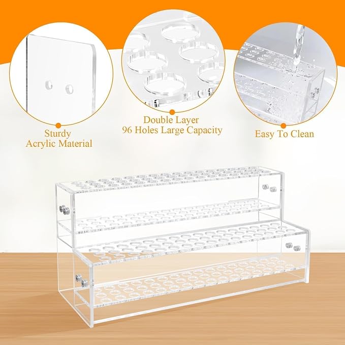 96-Slots Acrylic Pen Holder,2-Tier Pen Display Stand for Craft Shows,12mm Beadable Pens Stand Paint Brush Holder Pencil Organizer Makeup Brush Rack Art Brush Organizer for School Classroom Supplies