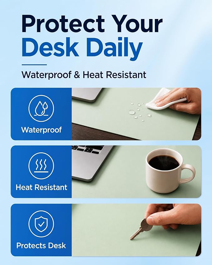 Aothia Double-Sided Desk Pad – 25.6"x13.7" Large Mouse Pad, Leather Desk Mat with Eco Cork Protector, Waterproof Desk Blotter for Office/Home (Aqua)