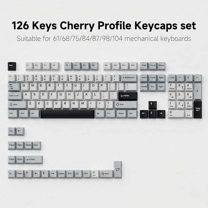 126 Keys PBT Double Shot Keycaps, White Navy Blue Minimalist Keycap Set, Cherry Profile Custom Keycaps for Mechanical Keyboard 60% 65% 75% 100% Cherry MX Switches