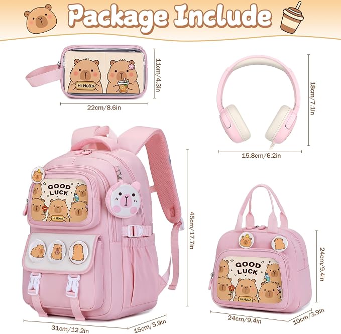 Capybara Backpack for Girls with Headphones - 4PCS Girls Backpack for Kindergarten Elementary Middle High School Travel - 3.5mm Wired Headphones Backpacks Back to School Gift(Pink)