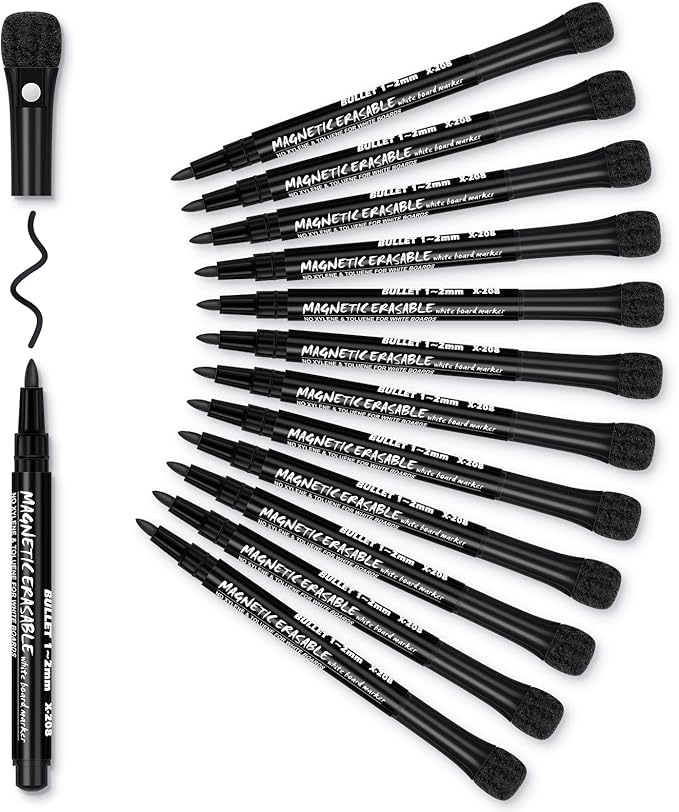 Magnetic Dry Erase Markers Fine Tip Black : 12 White Board Dry Erase Markers with Eraser Cap, Low Odor Erasable Fine Point Markers for Teachers, Home, Office and School Supplies
