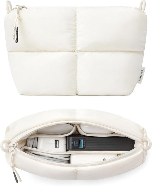 Comfyable Puffy Electronics Organizer Travel Case, Cute Tech Pouch for Women Men, Cable Storage Bag for Charger, Phone, Power Bank, Cord, Compact Tech Accessories Pouch, Rice