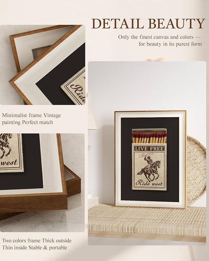 VIYYIEA Vintage Framed Wall Art for Living Room, Retro Matchbox Cowboy Riding Horse Canvas Print, Western Rustic Bathroom Poster, Wall Decor for Bedroom, 16L x 12W