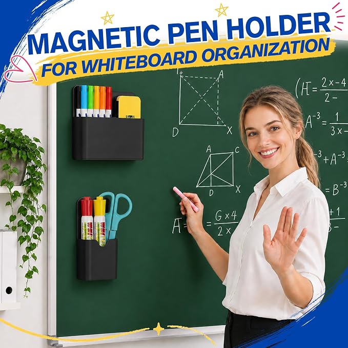 Grtard Black Magnetic Pen Holder, 4 PCS Magnetic Marker Holder for Whiteboard, Magnetic Dry Erase Marker Holder, Magnetic Pen Holder for Refrigerator, Magnetic Pencil Holder, Magnet Locker Organizer