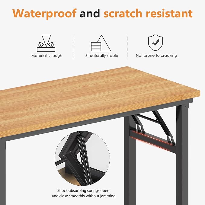 SogesHome Small Foldable Desk for Home Office, 39 Inch Compact Computer Table with Adjustable Leg Pads, No Assembly Needed Folding Writing Conference Desk Gaming Table for Small Spaces, Teak and Black