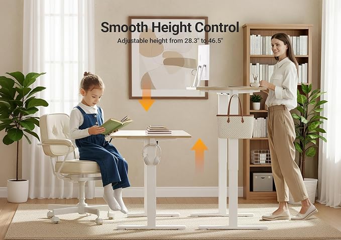 Seang Electric Height Adjustable Standing Desk, 55 x 24 Inch Sit-Stand Desk with T-Shaped Frame, 3 Memory Presets & Cable Management for Home Office Computer Workstation, White Frame/Nature Top
