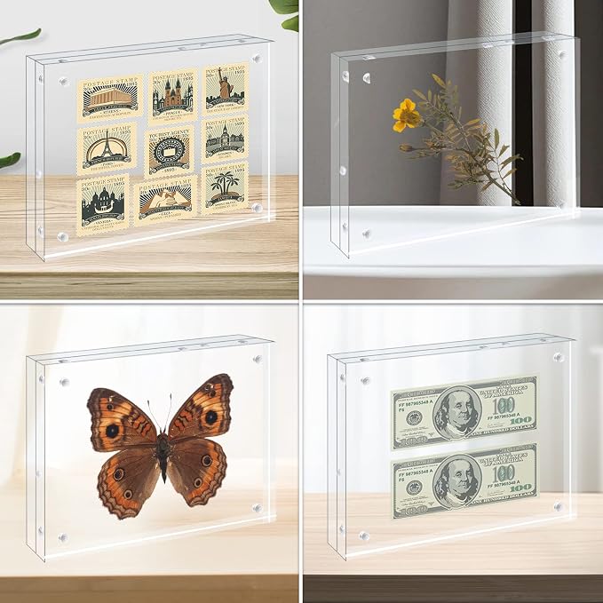 Egofine 4x4 Acrylic Frames 4 Pack, 20mm Thicker Frameless Clear Picture Frames, Double Sided Magnetic Picture Frames, Free Standing Desktop Display