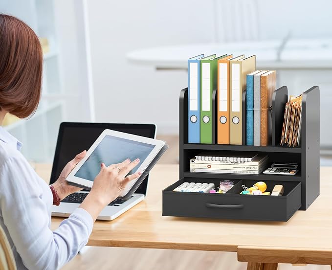 Desk File Organizer for Home, Office, School, Wooden Frame Desktop Storage Solution for Office Supplies, Documents, Papers, Folders and Stationery, Space-Saving and Stylish Document Sorter
