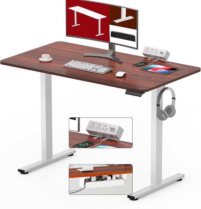 SANODESK Electric Standing Desk with Desk Clamp Power Strip 40"x 24" Whole-Piece Desktop Height Adjustable Stand Up Desk with Cable Management Sit Stand Home Office Desk White Frame/Mahogany Top