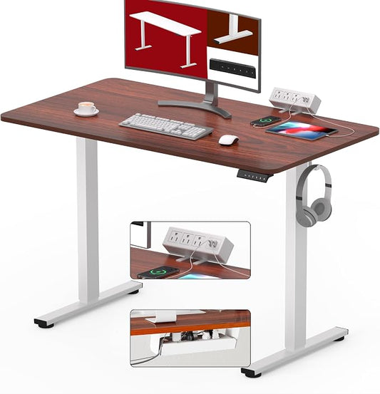 SANODESK Electric Standing Desk with Desk Clamp Power Strip 40"x 24" Whole-Piece Desktop Height Adjustable Stand Up Desk with Cable Management Sit Stand Home Office Desk White Frame/Mahogany Top