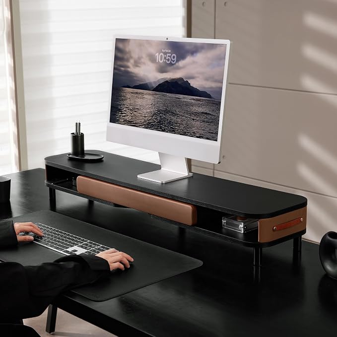 Fenge Dual Monitor Stand with Large Storage Drawer, 42.5" Dsek Shelf, Black | Slide-Out Drawer, Ergonomic Monitor Riser, Aluminum leg, 2-Tier Desk Organizer for Laptop, TV, PC
