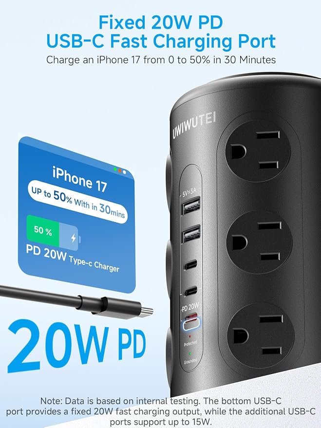 Tower Power Strip Surge Protector with Wireless Charging & Night Light - PD20W Fast Charging Station,12 Outlets, 5 USB (3 USB-C),1800J Protection, 10FT Extension Cord, Home Office Essentials(Black)