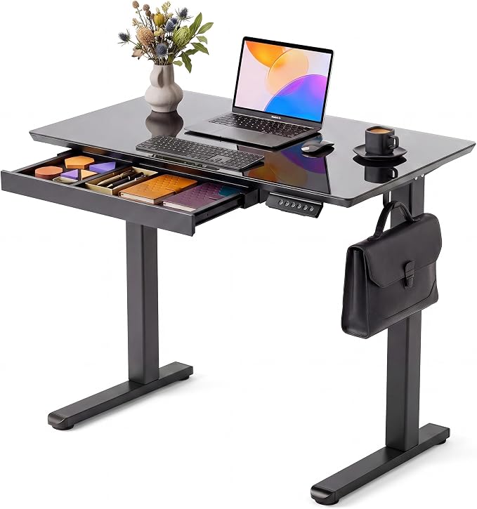 INNOVAR 35 x 20 Inch Black Glass Standing Desk with Drawers | Tempered Glass Top, Ergonomic, Adjustable Height, Stand Up Desk, Home Office, 4 Memory Presets