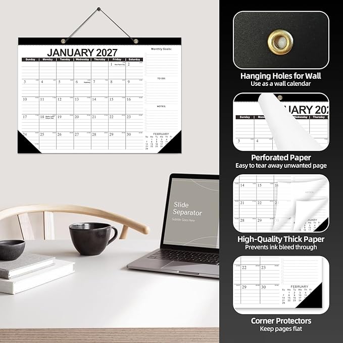 Desk Calendar 2026-2027 - Ougesi 19 Month Desk Top Calendar June 2026 - Dec 2027,17x12 Academic Desk Calendar with Thick Paper, Large Blocks for Home & Office (Black)