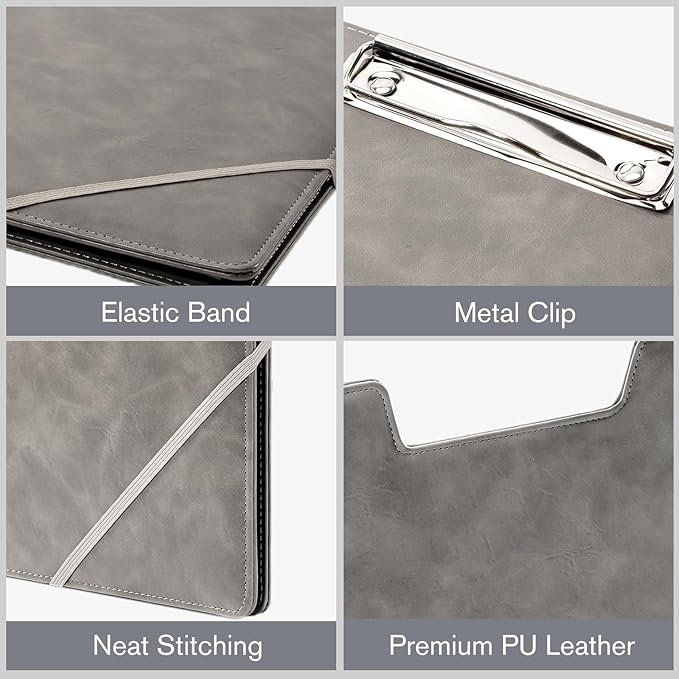 ProCase Clipboard Folder Portfolio, Leather Business Padfolio Organizer Letter Size Professional Folder Binder for Interview Meeting Resume Office Conference School -Grey