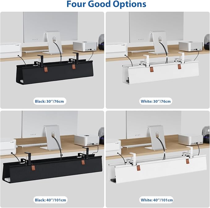 Zilink Under Desk Cable Management 30" No Drill Desk Cable Management Tray Clamp/Screw Mount Cable Tray Sturdy Waterproof Fabric Cord Organizer for Office, Home, White