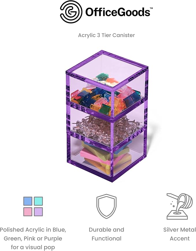 3-Tier Stackable Acrylic Holder- Stylish Desk Organizer and Storage for Office or Home – Transparent Square Design, Purple with Silver Metal Base