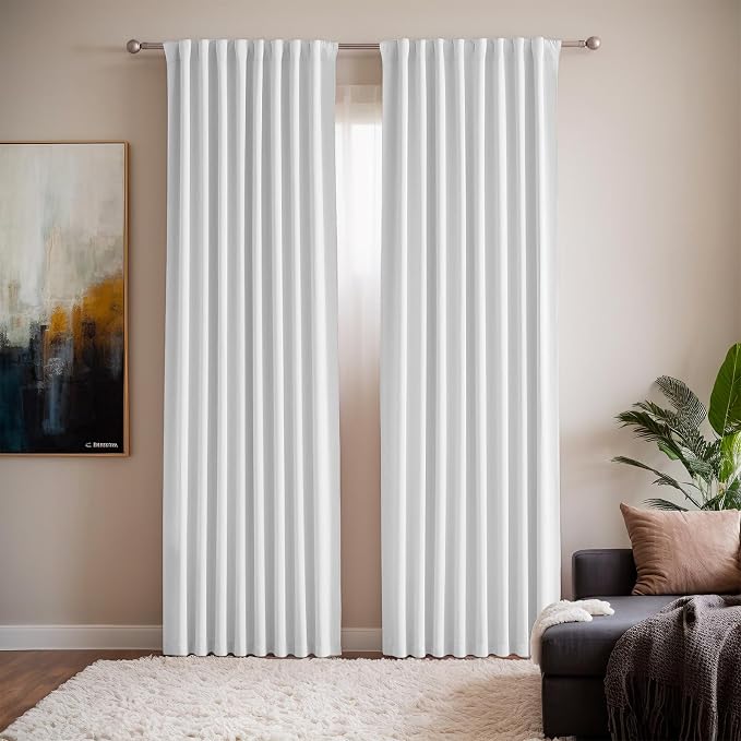 Blackout Heat Blocking Window Shades for Bedroom Darkening - Ceiling Pinch Pleated Blackout Curtains & Drapes for Bedroom Living Room 52 x 90 Inch Length 2 Panels - White Cat Proof Curtains