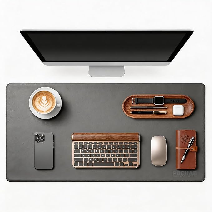 POCHAR Vegan Leather Desk Mat 31" x 16" - Desk Pad Protector for Desktop | Non-Slip PU Leather Dual-Sided Office Desk Blotter for Laptop Mouse Keyboard - Waterproof Writing Signing Pad, Gray