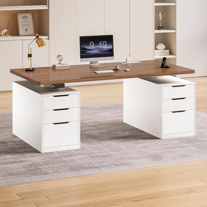 SEDETA Electric Standing Desk with 6 Drawers, 55" Adjustable Stand up Desk with Storage, Computer Desks with Power Outlets for Home Office, White