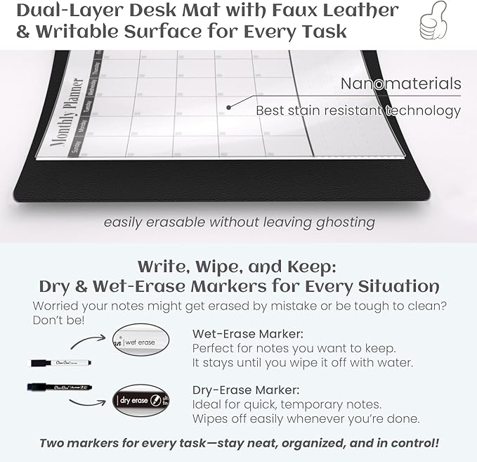 Multi-Functional Dual-Layer Dry Erase Desk Mat, Dry Erase Calendar for Desk - Erasable Desktop Writing Board with Calendar - Non-Slip Faux Leather Desk Protector for Home&Office - 16"x34" Black