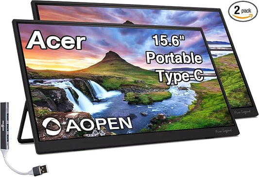 Acer AOPEN 15.6" FHD IPS Portable Monitor with 6ms Response Time, Anti-Glare, 250 nits Brightness, VESA Mount (100mm), AMD FreeSync, Mini HDMI & Dockztorm USB Port Expander, Black Color 2 Pack
