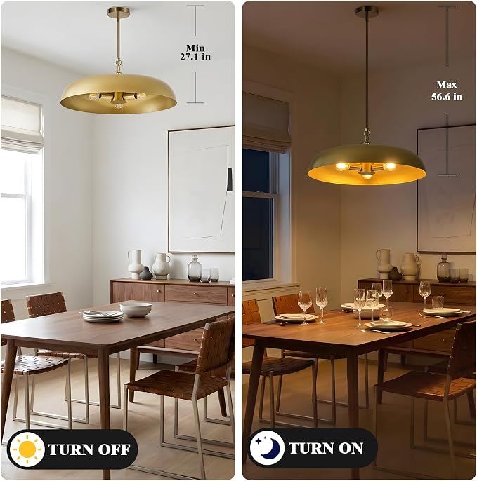Large Pendant Lights Kitchen Island 20.4in, Gold Dining Room Fixture | 3-light hanging dome chandelier, modern all-metal frame, adjustable 18-54in downrod, E12 40W base, for over table bar cafe