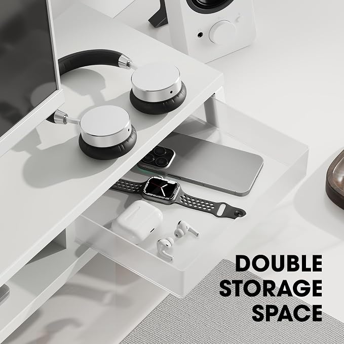 Fenge Dual Monitor Riser with Drwrs, Monitor Stand for Desk, 42.5 Inch Large Computer Monitor Stand for 2 27 Inches Monitors, 2 Tier Wooden Desk Shelf