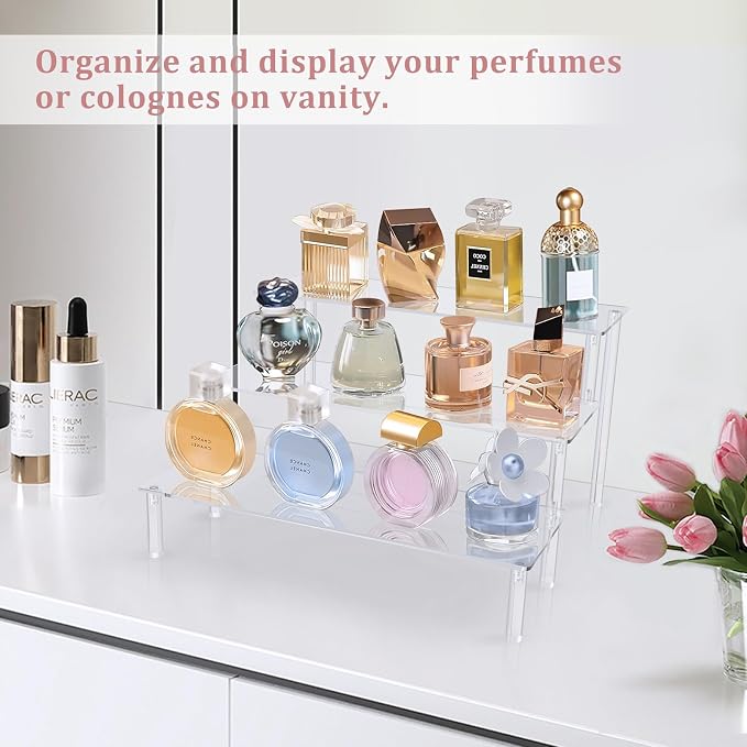 AZEAM Acrylic Display Riser, Clear Perfume Organizer, 3 Tier Cupcake Stand | Acrylic Shelves for Amiibo Funko POP Figures, Shelf Risers for Makeup and Cosmetic, Riser Stand for Vendor Collector, 1 Pack