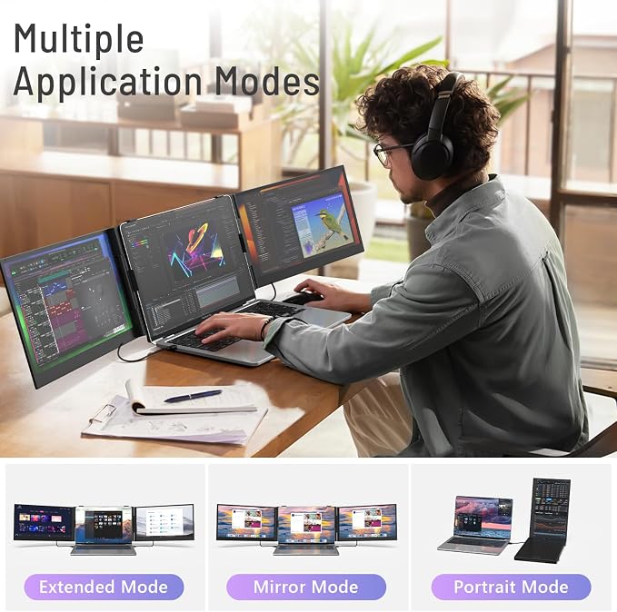 Triple Laptop Screen Extender, 14.1'' FHD 1080P Ultra-Slim Portable Monitor for Laptops, Two Cable USB-C Travel Monitor Extender Plug & Play for 13"-17" Laptop, Compatible with Wins/Mac/Android/Chrome