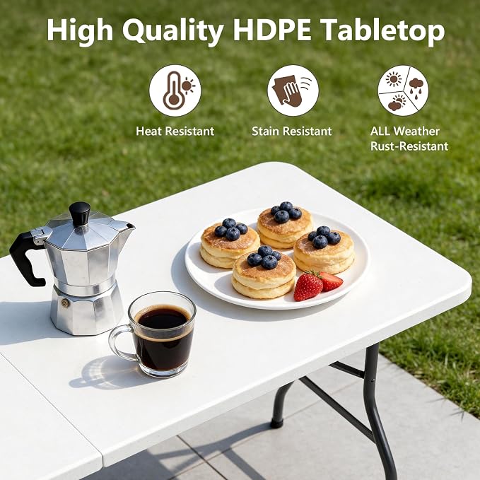 Folding Table 4 Pack, 6 FT Foldable Plastic Table with Carrying Handle, Heavy Duty Portable Fold-in-Half Utility Table for Party, Camping, Banquet, Craft, Wedding, Indoor & Outdoor Use