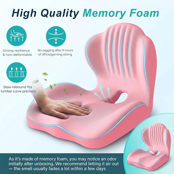 Ergonomic Seat Cushion with Lumbar Support (Pink) | Office Chair Seat Cushion, Memory Foam Orthopedic Cushion with Tailbone Hollow, Sciatica & Back Pain Relief for Long Sitting