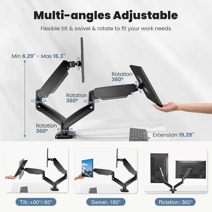 OLIXIS Dual Monitor Mount for Desk, Gas Spring Monitor Arm for 2 Monitors Max 32 Inches, Fully Adjustable Double VESA Mount with C-Clamp/Grommet Base, Holds Screen 17.6 lbs