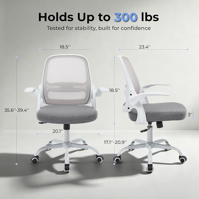 Ergonomic Mesh Office Chair for Home Office, Flip-Up Arms, Breathable Mesh Back & Thick Seat Cushion, Swivel Rolling Computer Desk Chair – BIFMA Certified, Supports 300 lbs (White Frame/Gray Seat)